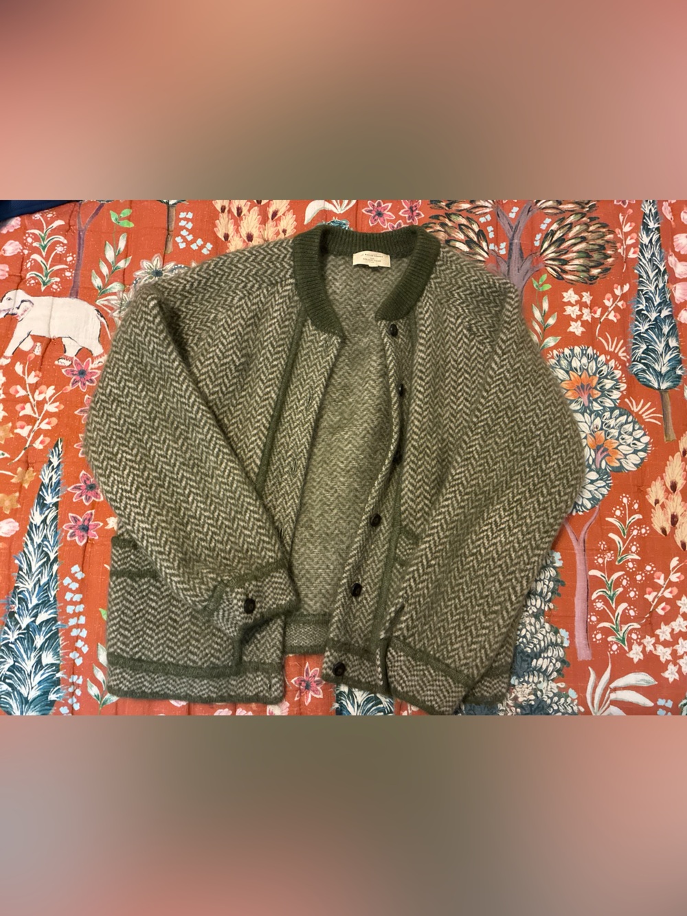 Sezane Olive Green Herringbone Button-Up Cardigan